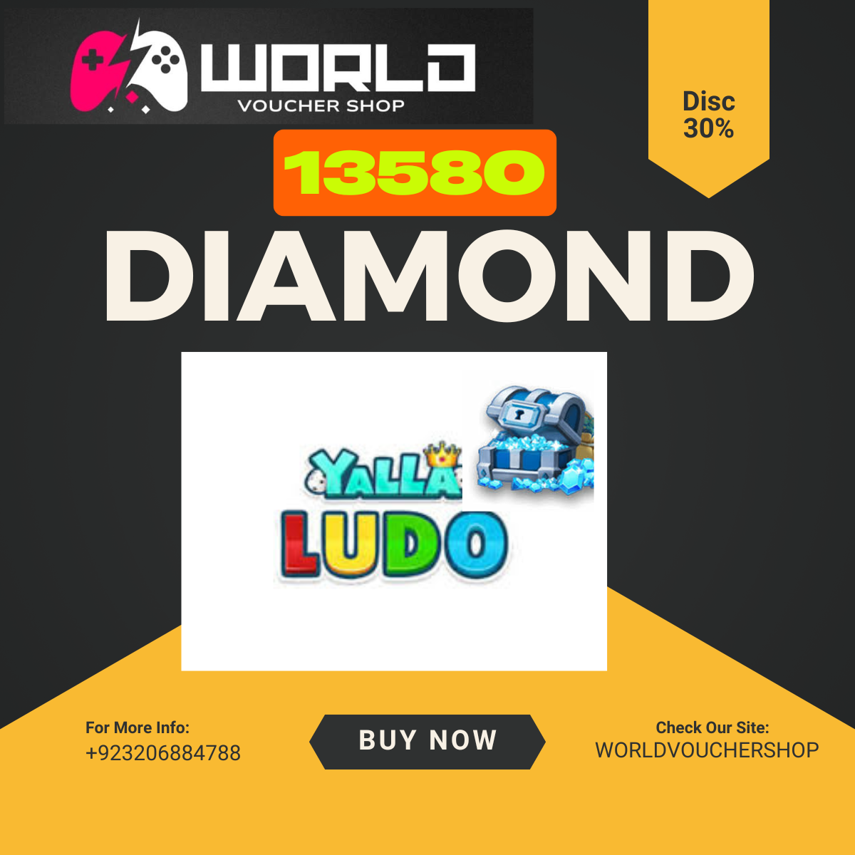 YWORLD VOUCHER (4) Top up your Yalla Ludo account with 13,580 Diamonds instantly! Enjoy premium dice, exclusive rewards, and a better gaming experience. This Yalla Ludo Diamond Voucher offers fast delivery, secure payment, and instant activation — no login required. Perfect for players who want to level up their game quickly. Buy now and get your Yalla Ludo Diamonds delivered within minutes!